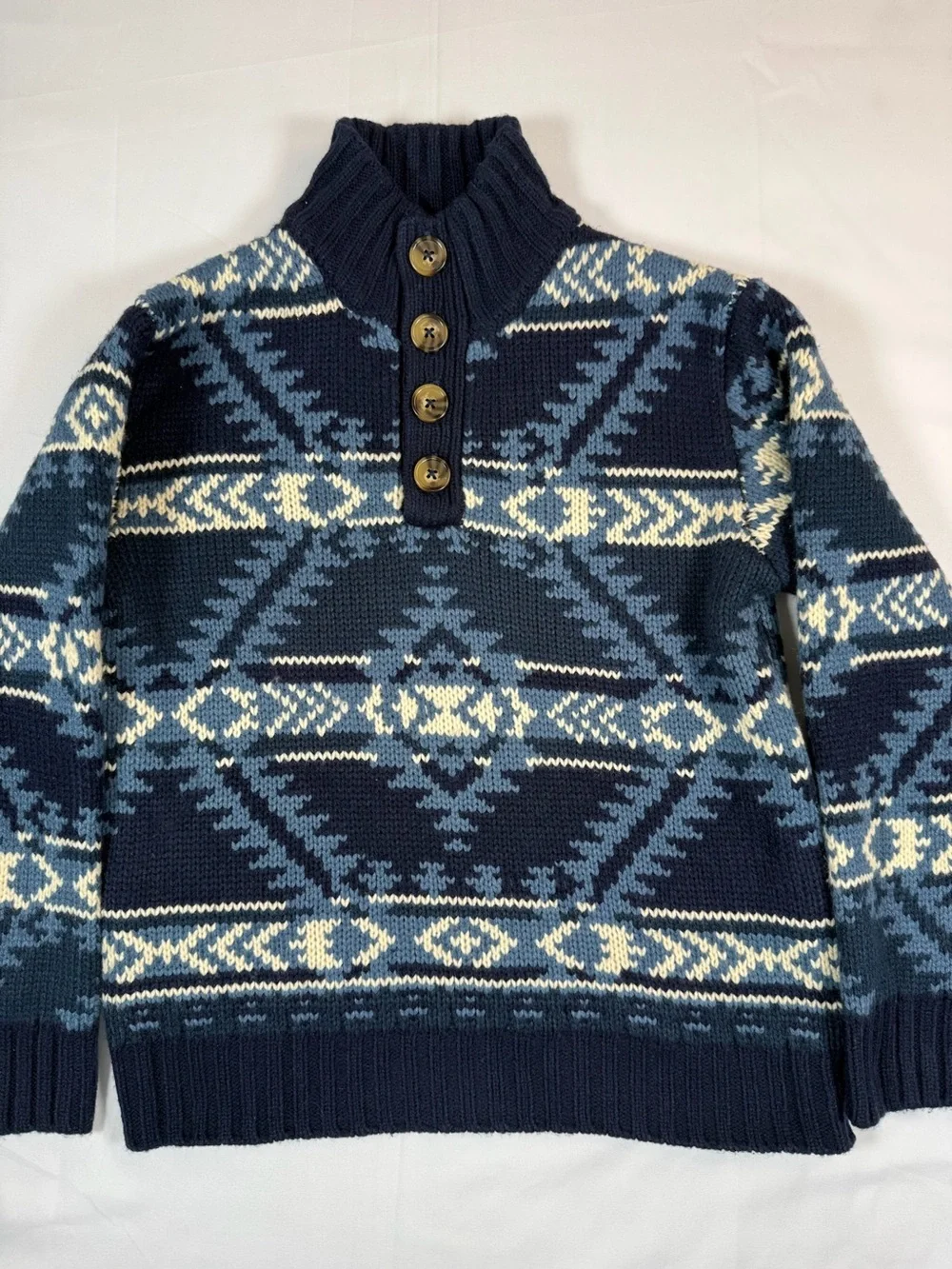 COTTON RYE Boys Shawl Collar Button Neck Fair Isle Sweater Size L 10 Cabin Cozy